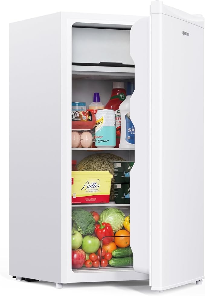 Upstreman 3.2 Cu.Ft Mini Fridge with Freezer, White-BR321 | Adjustable Thermostat, Energy Saving, Low Noise, Reversible Door, Small Refrigerator for Dorm, Bedroom, Office by StartUpLiveBetter