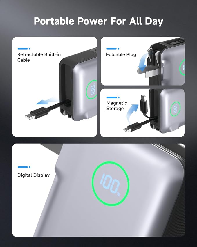 Portable Charger with Built in 25.6in Retractable Cable and Wall Plug, 10000mAh USB C Travel Power Bank, 35W Fast Charging Battery Pack Compatible with iPhone 16 15 14 13 Samsung Android Phone etc - Image 7