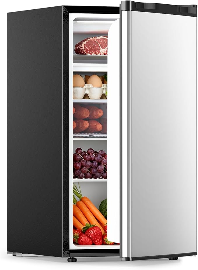 COWSAR 3.2 Cu.Ft Mini Fridge with Freezer for Bedroom Office, Silver | Single Reversible Door, 7 Temperature Settings, Energy Saving, 2 Removable Shelves, Compact Fridge for Apartment Dorm by COWSAR