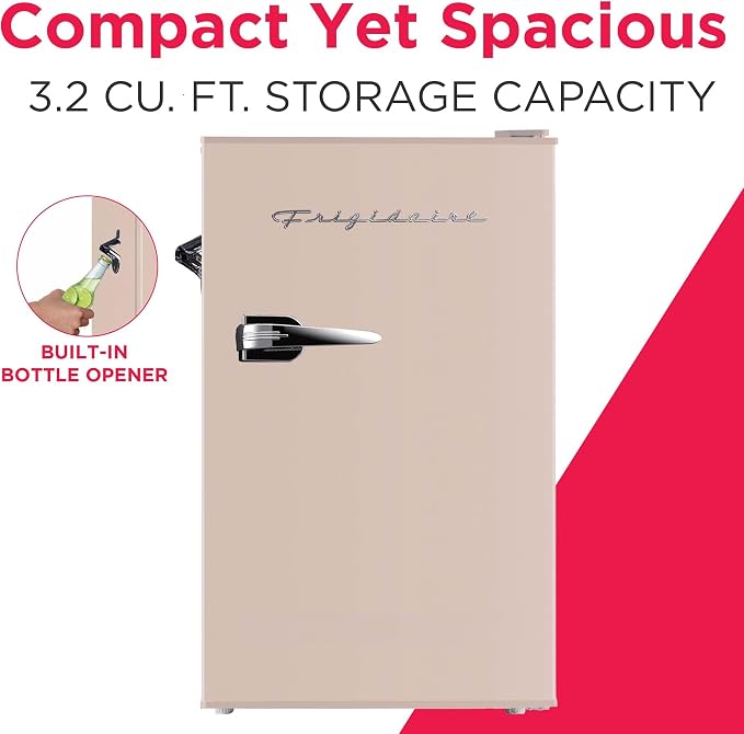 Frigidaire Retro Compact Fridge with Chiller, 3.2 cu ft Countertop Fridge with Built-In Bottle Opener, Compact Refrigerator for Office, Bedroom, Dorm Room or Cabin - 16.5" D x 19" W x 31" H (Coral) - Image 2