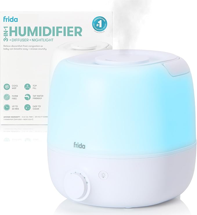 Frida Baby 3-in-1 Cool Mist Humidifier for Large Rooms, Top Fill Humidifier for Bedroom, Allergy Relief, 60 Hour Runtime + Nightlight, Auto Shut-Off, Quiet, Carry Handle, Essential Oil Diffuser by Frida