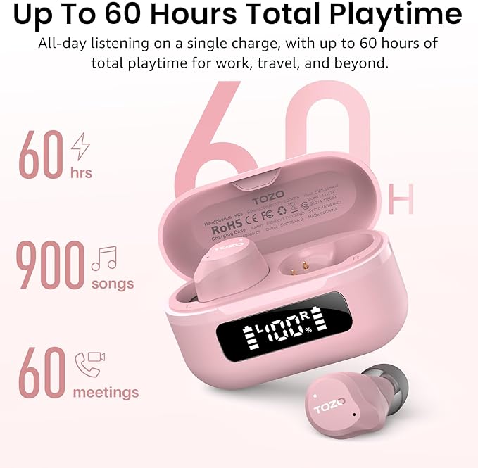 TOZO NC9 Hybrid Active Noise Cancelling Wireless Earbuds, 60H, LED Display | 6 Mic ENC Clear Calls, Deep Bass Sound, IPX8, in Ear Bluetooth 5.3 Headphones,32 EQs via APP, Comfort Fit Ear Buds, Pink - Image 4