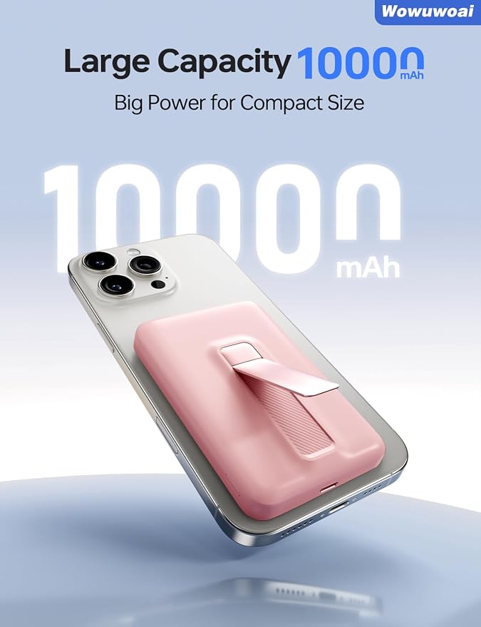 for Magsafe Portable Charger, 10000mAh Wireless Power Bank with Stand, USB C PD 20W Fast Charging Powerbank, Magnetic Battery Pack Compatible for iPhone 17/16/15/14/13/12 Series - Pink - Image 3
