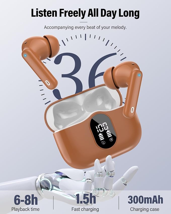 Wireless Earbuds, Bluetooth 5.4 Headphones Bass Stereo/Clear Calls, Brown | Ear Buds with Noise Cancelling Mic LED Display in Ear Earphones IP7 Waterproof 36H Bluetooth Earbuds for Phones/Sport/Laptop - Image 5