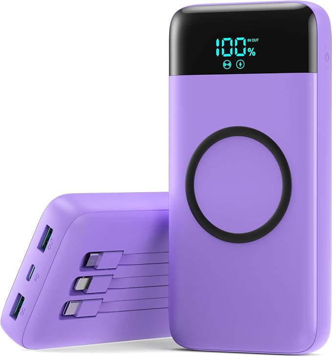 Wireless Portable Charger 40800mAh for iPhone with 3 Built-in Cables,7-in-1 15W Wireless Charging USB C Power Bank,25W PD Fast Charging Travel Essential Battery Pack for iPhone 17/16/15,Android-Purple by YHO