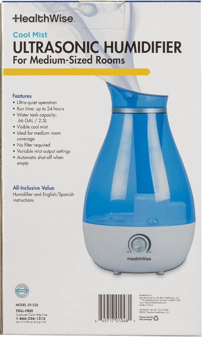 HealthWise Cool Mist Ultrasonic Humidifier | For Medium Size Rooms | No Filter Required | 24 Hour Run Time, Blue, 2.6L - Image 3