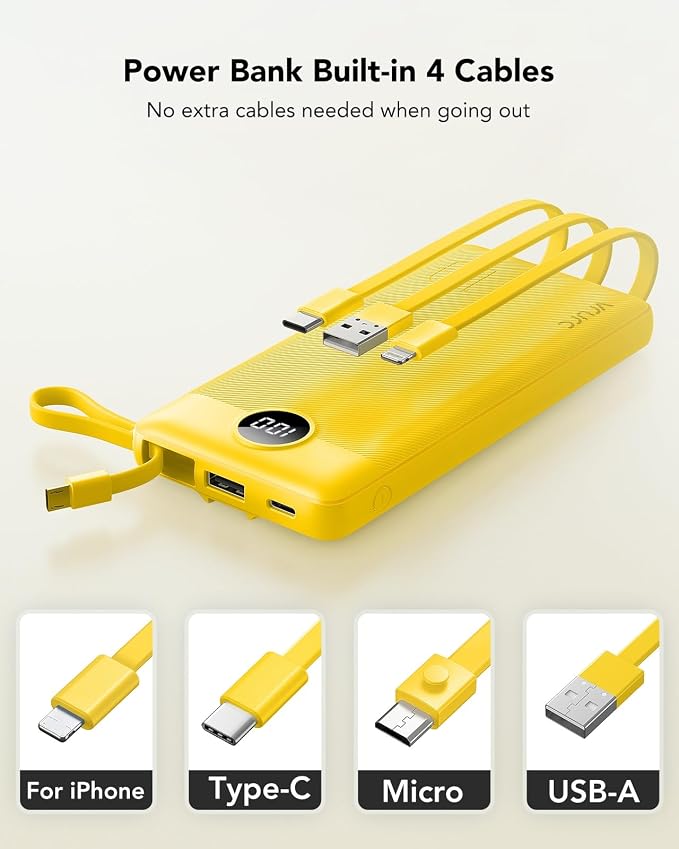VRURC Portable Charger with Built-in Cables, 10000mAh LED Display USB C Power Bank, Slim Travel Battery Pack with 5 Output 2 Input Compatible with iPhone 17 16 15 13,Samsung,Android etc-Yellow(1 Pack) - Image 2
