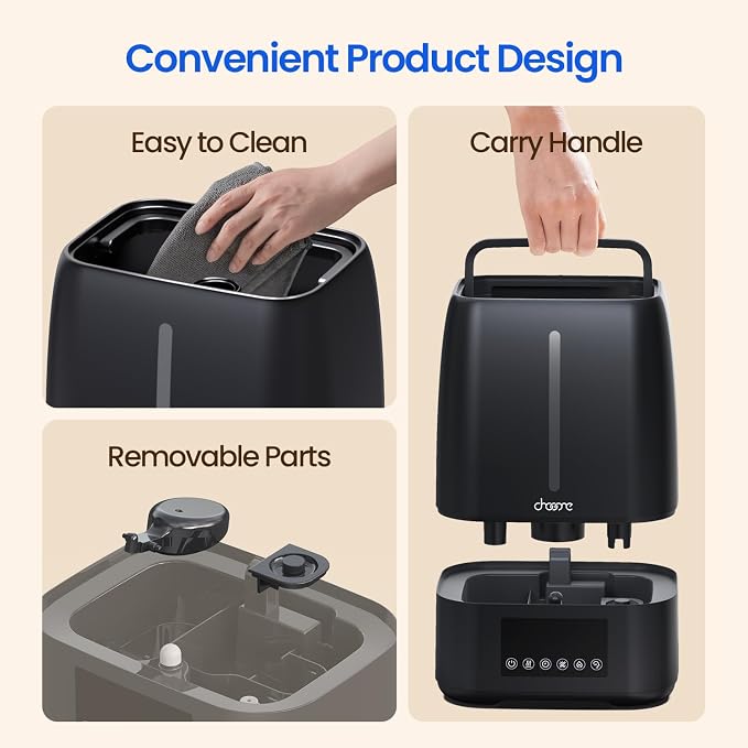 6L Top Fill Ultrasonic Humidifier - Cool and Warm Mist for Bedroom, Baby, Large Rooms & Plants, Smart Humidity Control, Aroma Diffuser, Night Light, 12H Timer, Quiet, Black - Image 8