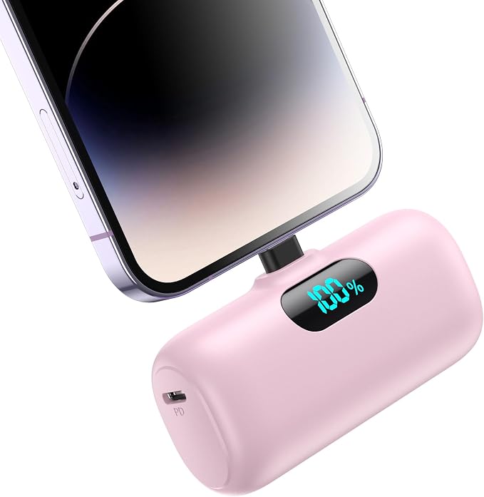 Mini Portable Charger for iPhone,Upgraded 5000mAh PD Fast Charging Battery Pack,LCD Display Cute Power Bank Portable Phone Charger for iPhone 14/14 Pro Max/13/13 Pro/12 Pro/11/XS/XR/X/8/7/6-Pink by HETP
