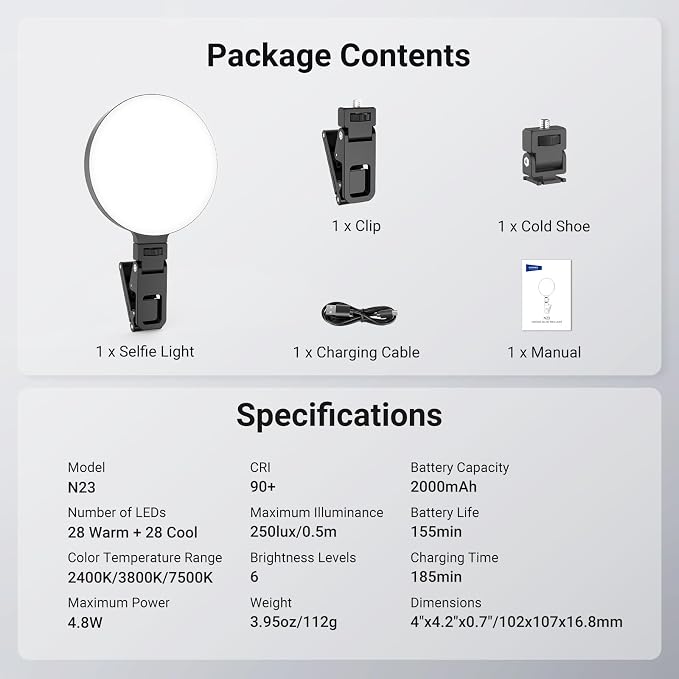 NEEWER Entry Level Version LED Selfie Ring Light, 4.8W Bi Color Edge Lit Clip - Image 9