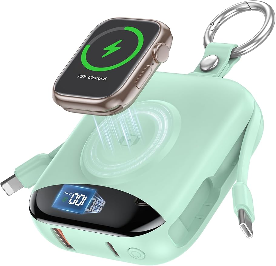 Portable Charger, 10000mAh 22.5W Fast Charging Power Bank with Built-in Cables, Travel Essentials Battery Pack with LED Display for iPhone, Portable iWatch Charger for 11/10/9/8/7/6/5/4/SE/Ultra Green by CITICR