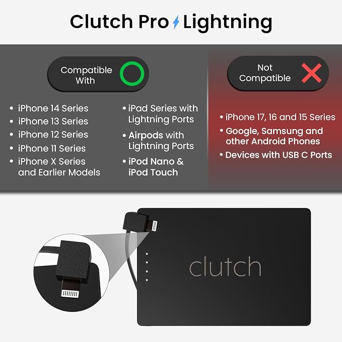 Clutch Pro – World's Thinnest iPhone Charger – Portable Power Bank 5000mAh – Magnetic Built-in Lightning Cable – TSA Approved Travel Charger – iPhone 14 & Earlier – Black - Image 2