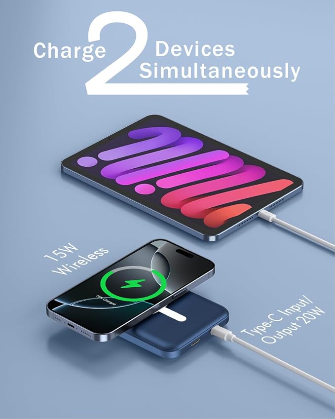 podoru for Magsafe Battery Pack, 5000mAh Magnetic Power Bank with Type-C Cable 20W PD Fast Charging Lighting Input Wireless Portable Charger for iPhone 17/16/15/14/13/12/ All Series-Dark Blue - Image 5