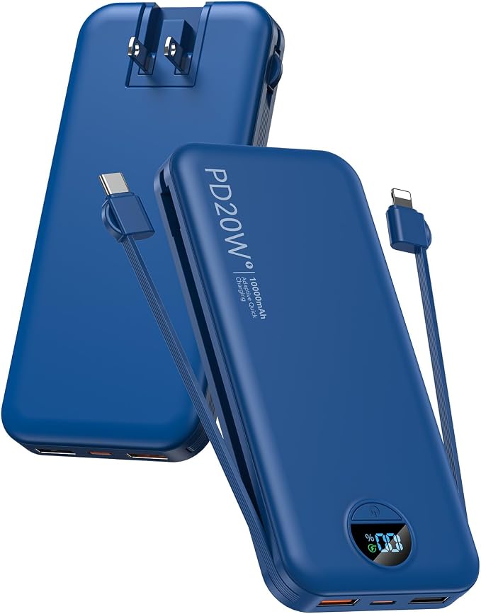citicr Portable Charger Power Bank, 10000mAh PD20W USB C Fast Charging with Built-in Cables & Wall Plug, 5-in-1 External Battery Pack with LED Display, Perfect Backup for iPhone, iPad, Samsung Navy by CITICR