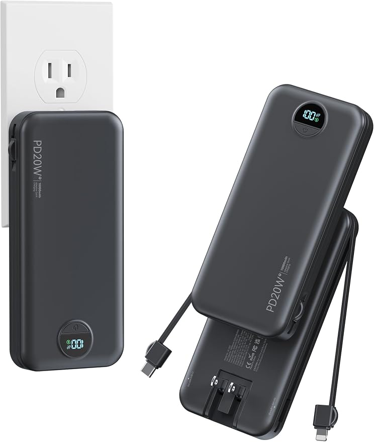 10000mAh Ultra-Portable-Charger-Power-Bank with Built in Cables&AC Wall Plug, PD20W USB-C Fast Charging Cell Phone Charger Battery Pack,LED Display Travel Battery Bank for All iPhone,Samsung,Android by AONIDI