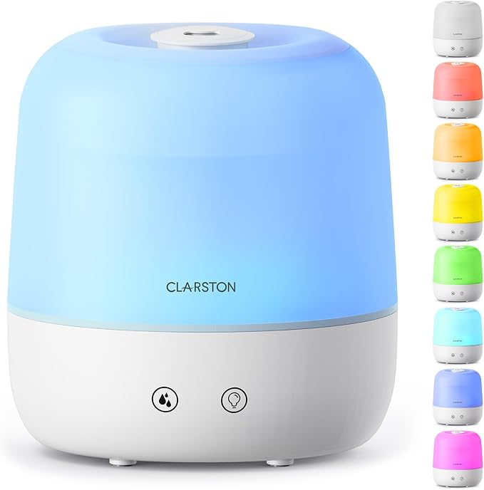 Clarston Humidifiers for Bedroom, 2L Top Fill with 360° Nozzle for Large Room, 7-Color Night Light, 24dB Quiet Cool Mist Air Humidifier for Baby Nursery & Plants, No BPA, Auto Shut Off, Easy to Clean by Clarston
