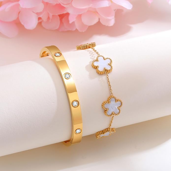 MPRAINBOW Womens Stackable Gold Bracelets Jewelry, 18K Gold Plated Floral - Image 4