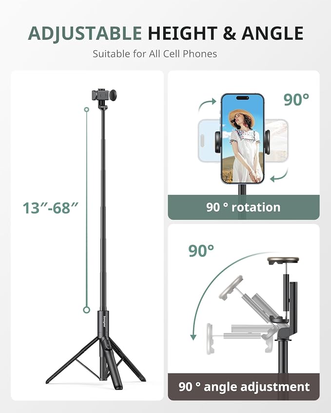 Sensyne 68" Phone Tripod & Selfie Stick, Lightweight All in One Phone Tripod - Image 5