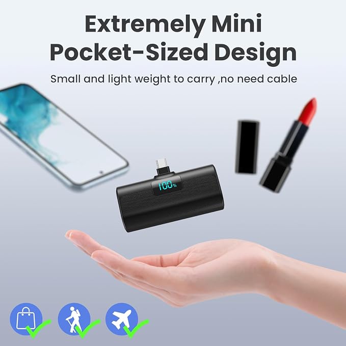 [2-Pack]Small Portable Charger 5200mAh, Upgraded PD USB C Power Bank Built-in USB-C Connector,LCD Display Battery Pack Compatible with iPhone 15/15 Plus/15 Pro/15 Pro Max/Samsung Android(Black+Purple) - Image 7