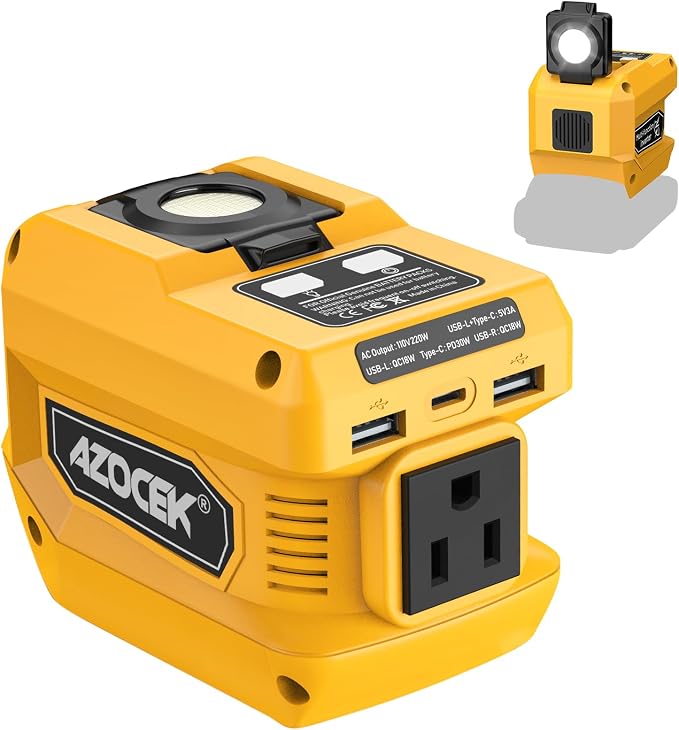 Azocek 220W Power Inverter Compatible with Dewalt 20V Battery(Battery not Included), DC 20V to AC 110V, 2 USB Ports & 1 Type-C Fast Charging, 400LM LED Work Light by Azocek