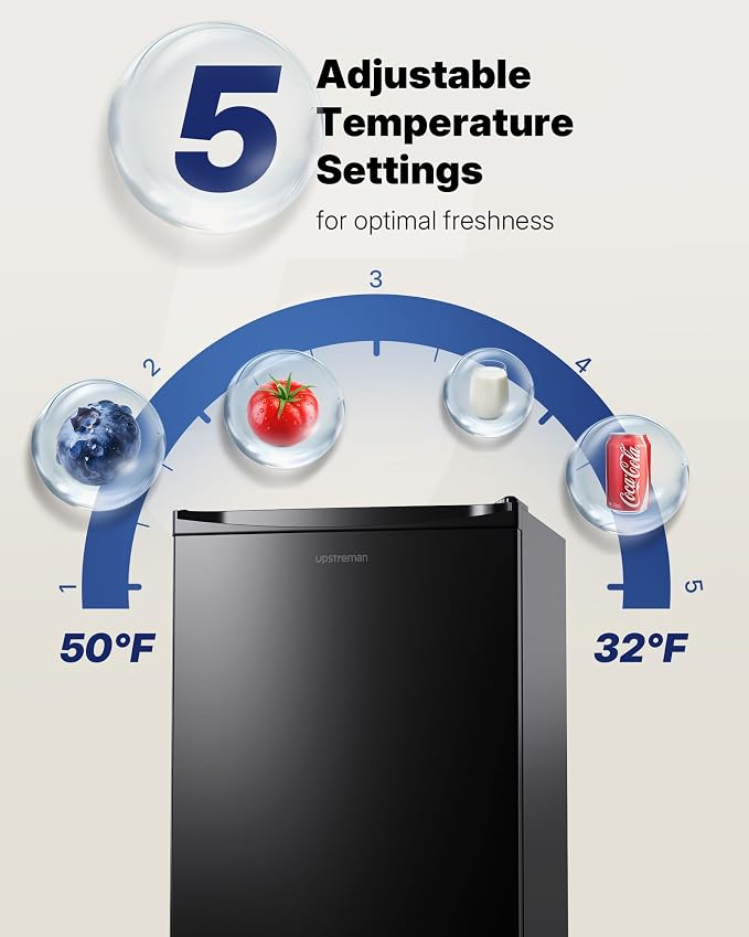 Upstreman 3.2 Cu.Ft Mini Fridge with Freezer, Black-BR321 | Adjustable Thermostat, Energy Saving, Low Noise, Reversible Door, Small Refrigerator for Dorm, Bedroom, Office - Image 3