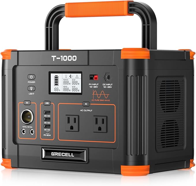 GRECELL 999Wh Solar Generator 1000W, Portable Power Station with 60W USB-C PD Output, 110V Pure Sine Wave AC Outlet Backup Lithium Battery for Outdoors Camping Travel Hunting Home (Peak 2000W) by GRECELLPOWERSTATION
