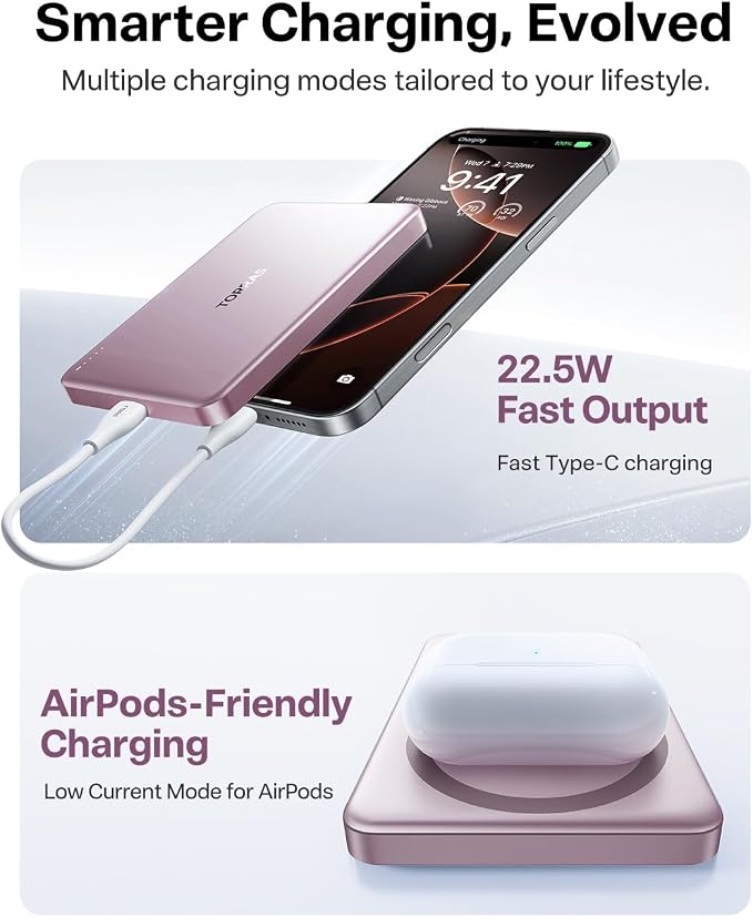 TORRAS MiniMag Power Bank,Ultra-Slim 10,000mAh Magnetic Wireless Portable Charger, 22.5W Fast Charging iPhone Air Magnetic Battery Pack Designed for iPhone 17 Pro Max/17 Pro/Air/16/15/14/13/12, Pink - Image 6