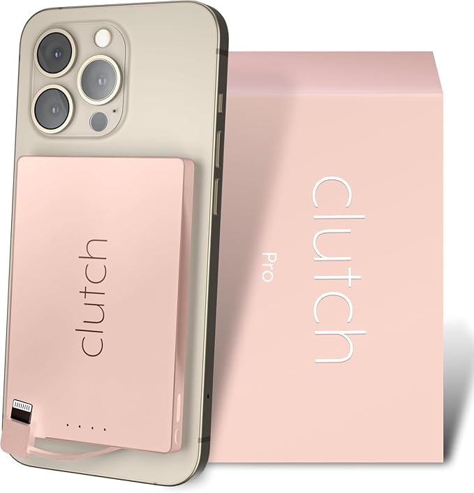Clutch Pro – World's Thinnest iPhone Charger – Portable Power Bank 5000mAh – Magnetic Built-in Lightning Cable – TSA Approved Travel Charger – iPhone 14 & Earlier – Pink by ClutchCharger