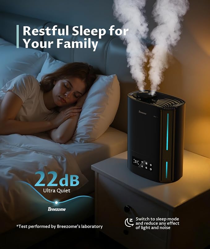 BREEZOME 6L Humidifiers for Bedroom Large Room & Essential Oil Diffuser, Ultrasonic Top Fill Cool Mist Humidifiers for Baby, Plants, Nursery Last up to 60 Hours, Smart Humidistat Control, Quiet, Black - Image 4