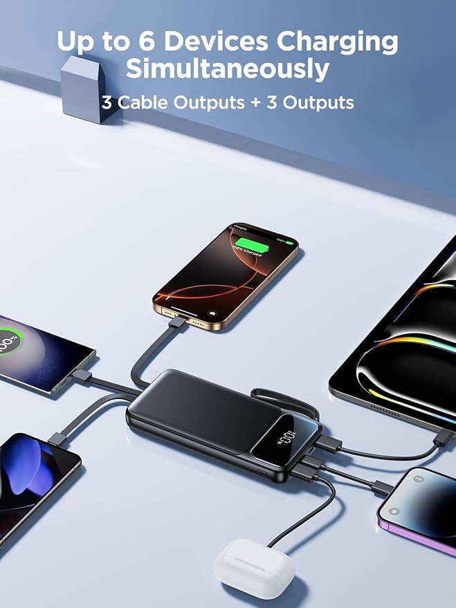 Power Bank, Portable Charger with Built in Cable 22.5W Fast Charging Battery Pack 10000mAh Slim 6 Outputs 3 Inputs LED Display Phone Charger for iPhone Samsung Pixel Moto iPad Travel Essential Gift - Image 4