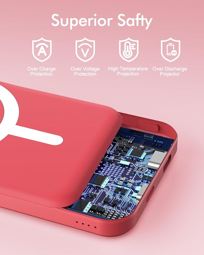 podoru for Magsafe Battery Pack, 5000mAh Magnetic Power Bank with Type-C Cable 20W PD Fast Charging Lighting Input Wireless Portable Charger for iPhone 17/16/15/14/13/12/ All Series-Red - Image 7