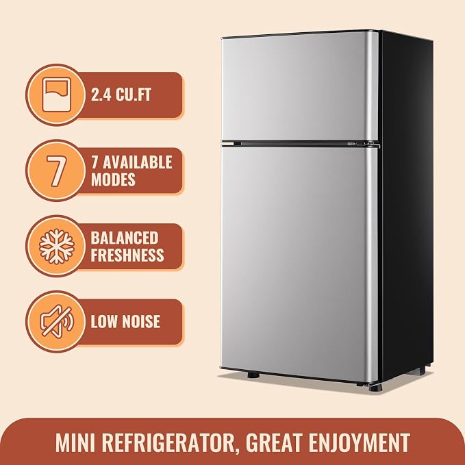 45L Mini Fridge with Double Doors Silver Small Refrigerator with Separate Freezer & 7 Adjustable Temperature Control, Tiny Size & Personal Fridge Ideal for Office Apartment Dorm - Image 4