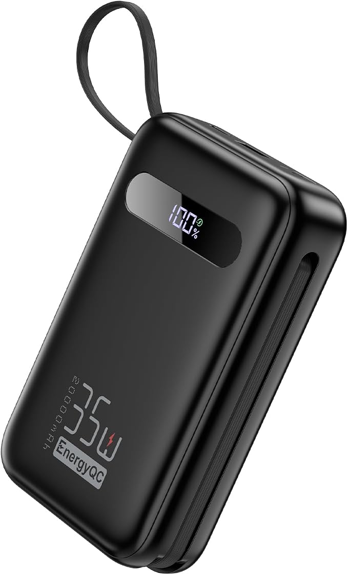 EnergyQC 20000mAh Portable Charger, 35W PD 3.0+QC 4.0 Fast Charging Power Bank with Built-in Lightning & USB-C in&Out Cables, Travel Battery Pack for iPhone 17/16/15/14, Samsung, iPad, Android, Black by EnergyQC