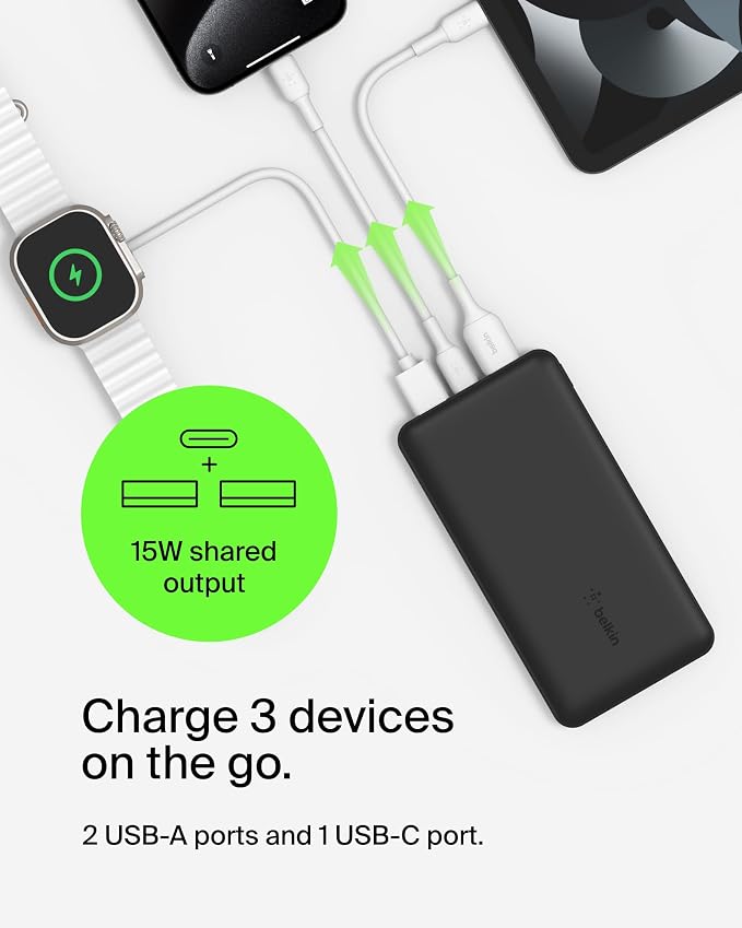 Belkin Portable Charger - 15W 3 Port Power Bank Battery Pack with 10000mAh Battery - Fast Charging for iPhone, Samsung Phone, More - USB C to A Cable Included - Image 5