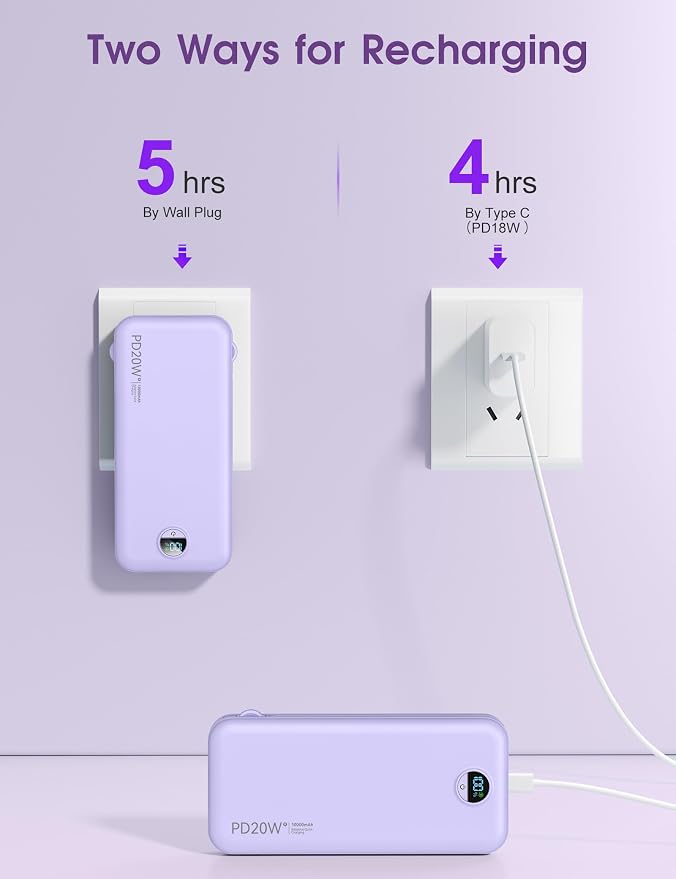 Portable Charger, 10000mAh PD20W USB C Fast Charging Power Bank with Built-in Cables and AC Wall Plug, Smart LED Display Travel Essentials Battery Pack Compatible with iPhone, iPad, Samsung etc Purple - Image 8