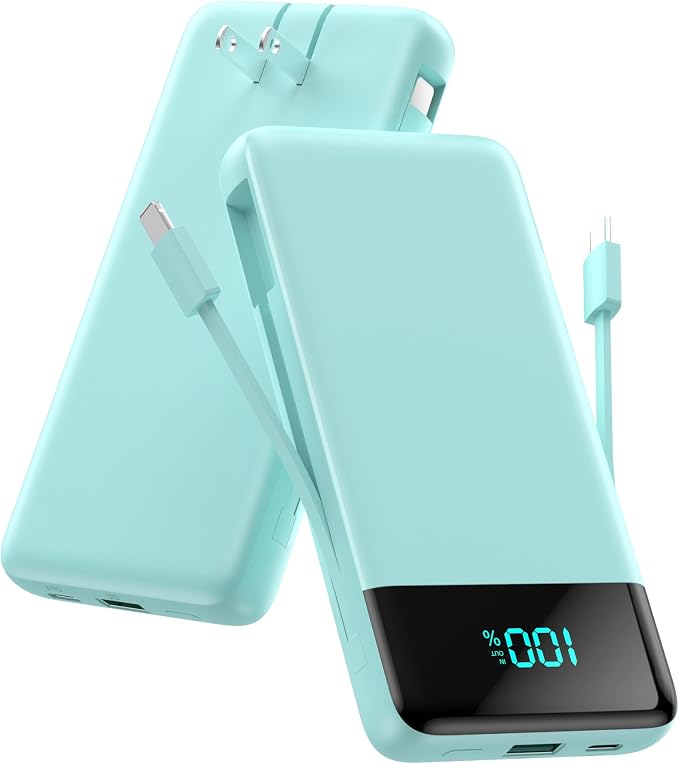 Portable Charger for iPhone,13800mAh Slim Power Bank with Built-in Cables & AC Wall Plug,All in One 4 Outputs USB C Fast Charging Battery Pack Travel Essential for iPhone 17/16/15/14,Android (Green) by AONIMI