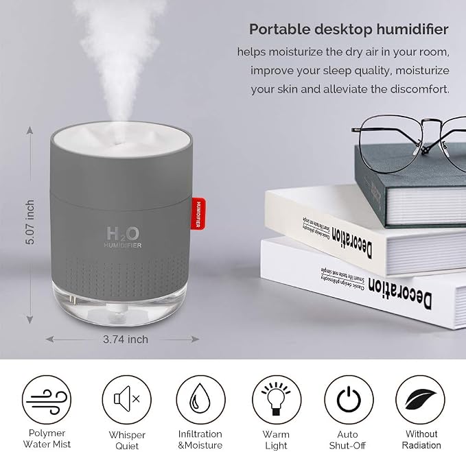 Portable Mini Cool Mist Humidifier, 500ml USB Personal Desktop Humidifier for Baby Bedroom Travel Office Home, Auto Shut-Off, 2 Mist Modes, Super Quiet, Gray - Image 2