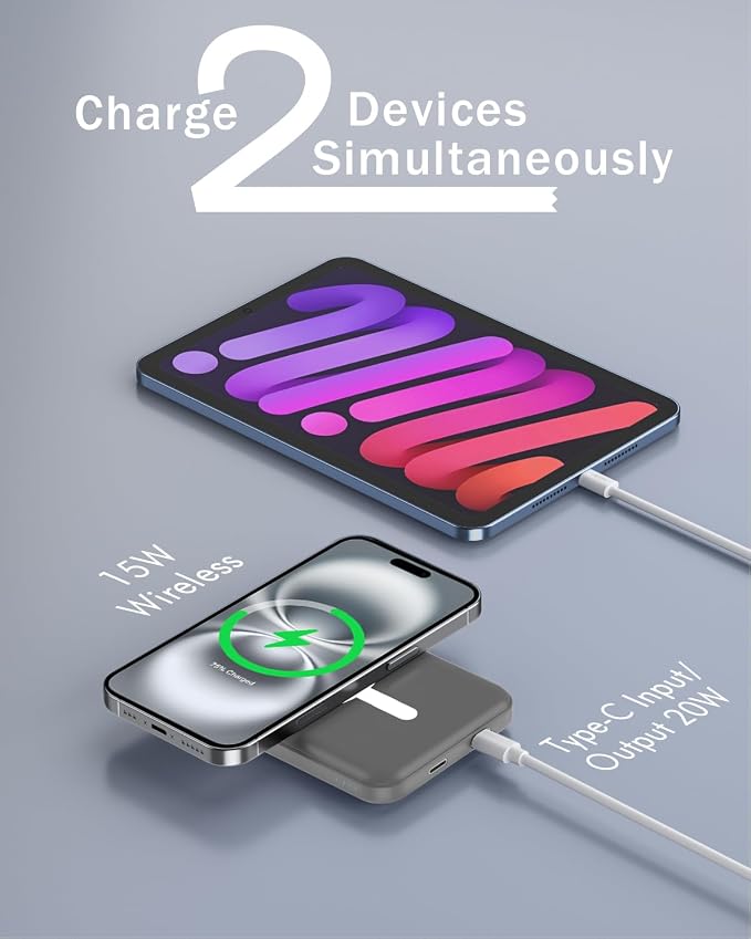 podoru for Magnetic Battery Pack, 5000mAh Magnetic Power Bank with Type-C Cable 20W PD Fast Charging Lighting Input Wireless Portable Charger for iPhone 17/16/15/14/13/12/ All Series-Gray - Image 5