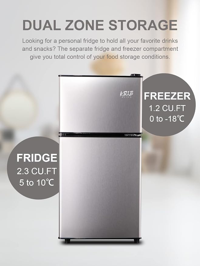Mini Fridge With Freezer,3.5 Cu. Ft Compact Refrigerator With 2 Doors,7- Level Adjustable Thermostat, Removable Glass Shelves For Bedroom, Office, Kitchen, Apartment, Dorm, Silver - Image 4