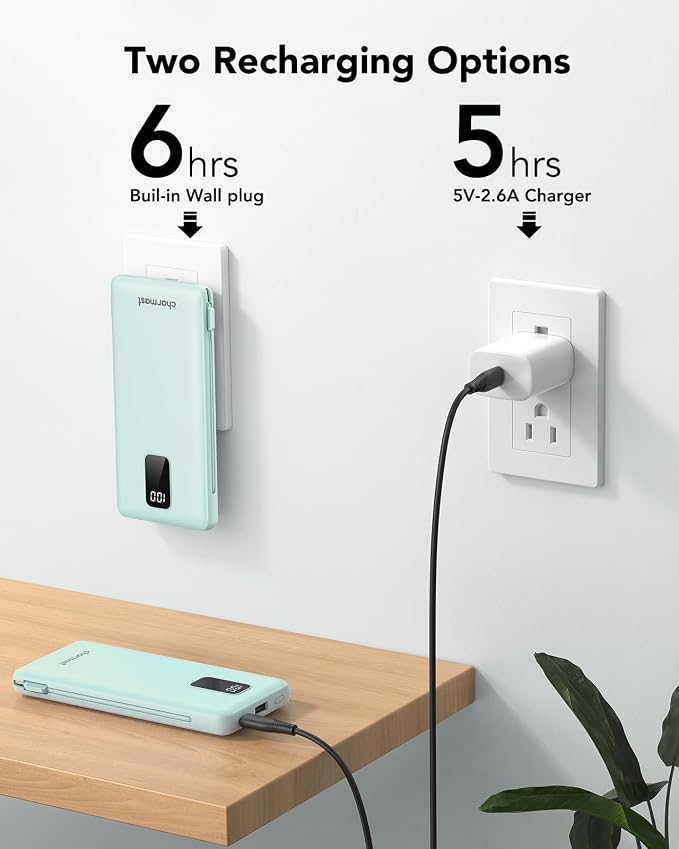 charmast Portable Charger with Built-in Cables and Plug, 10000mAh USB C Power Bank Fast Charging, External Battery Pack Slim, Travel Essentials Compatible with iPhones, Samsung Galaxy, iPad - Image 4