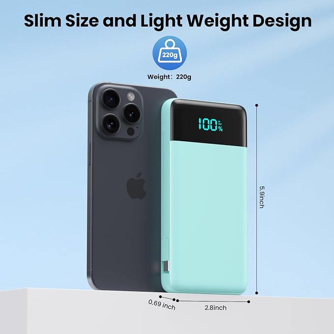 Portable Charger for iPhone with Built-in Cables and Wall Plug,Upgraded 13800mAh Fast Charging USB C Power Bank,4 Outputs Travel Essential Battery Pack for iPhone 17/16/15/14/13,Galaxy,Android-Green - Image 5