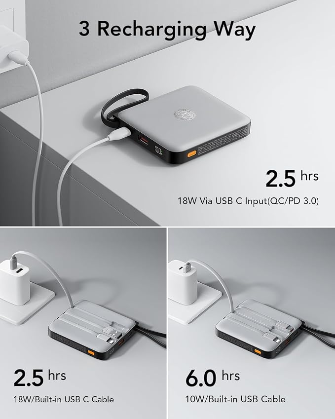 VRURC Portable Charger with Built-in Cable, 10000mAh 22.5W Fast Charging USB C Battery Pack, Cell Phone Power Bank for iPhone 17 16 15 Series Android Tablet (Grey) - Image 5