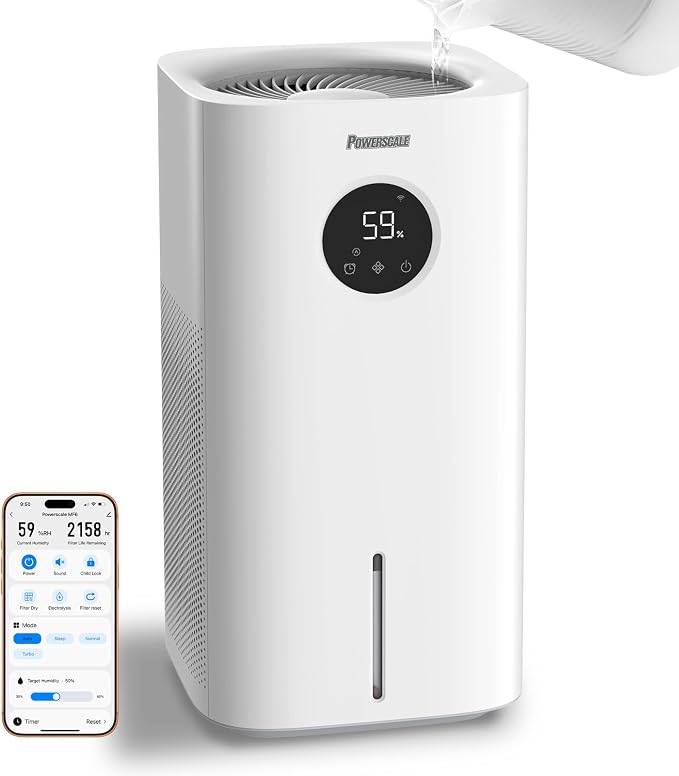 Powerscale MF6 Smart Evaporative Humidifiers for Bedroom, 1.8 Gal Top-Fill, Up to 700mL/h Mist-Free Output, WiFi Smart Touchscreen Control, Auto Filter Dry, Electrolysis Self-Clean, Quiet Sleep Mode by Powerscale