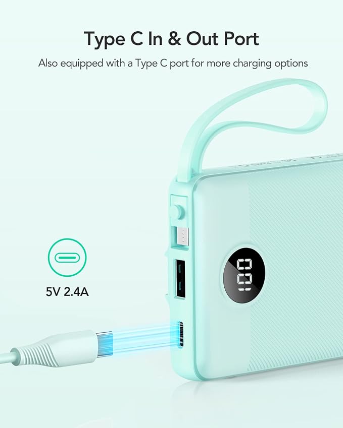VRURC Portable Charger for iPhone, Compact Travel Power Bank 10000mAh, USB C Battery Pack 4 Outputs 3 Inputs, Slim Phone Charger with Cables for iPhone 17 16 15 14 13,Samsung Galaxy-Green(1 Pack) - Image 3