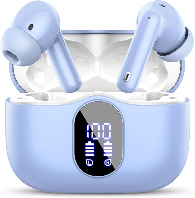 Wireless Earbuds, Bluetooth 5.4 Headphones Bass Stereo/Clear Call,Pale Blue | Ear Buds with Noise Cancelling Mic LED Display in Ear Earphones IP7 Waterproof 36H Bluetooth Earbuds for Phones/Sport/Laptop by Btootos