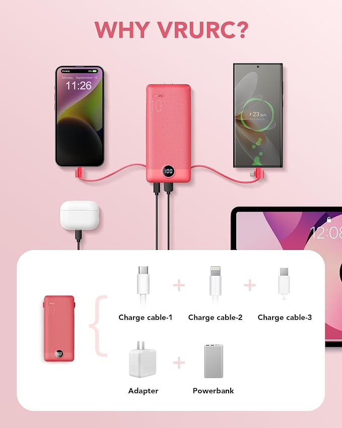 Portable Charger Built-in Cables and AC Wall Plug, VRURC USB C Power Bank 10000mAh, Travel Battery Portable Phone Charger Compact Lightweight External Battery Pack for SmartPhones,Tablets-Viva Magenta - Image 4