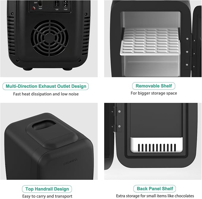 CROWNFUL Mini Fridge, 4 Liter/6 Can Portable Cooler and Warmer Personal Fridge for Skin Care, Cosmetics, Food,Great for Bedroom, Office, Car, Dorm, ETL Listed (Black) - Image 7