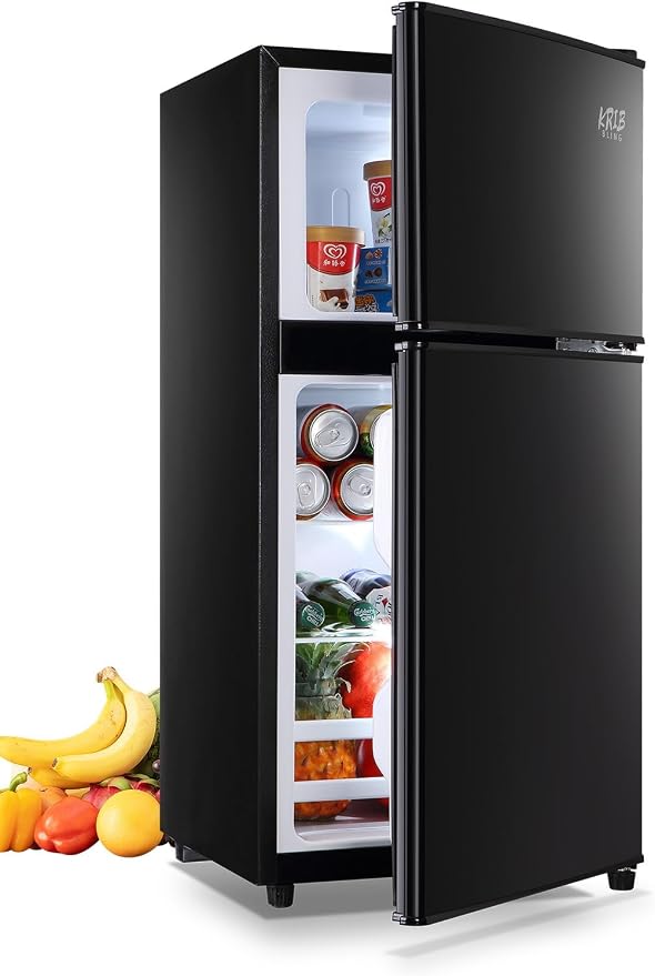 Mini Fridge With Freezer,3.5 Cu. Ft Compact Refrigerator With 2 Doors,7- Level Adjustable Thermostat, Removable Glass Shelves For Bedroom, Office, Kitchen, Apartment, Dorm, Black by KRIBBLING