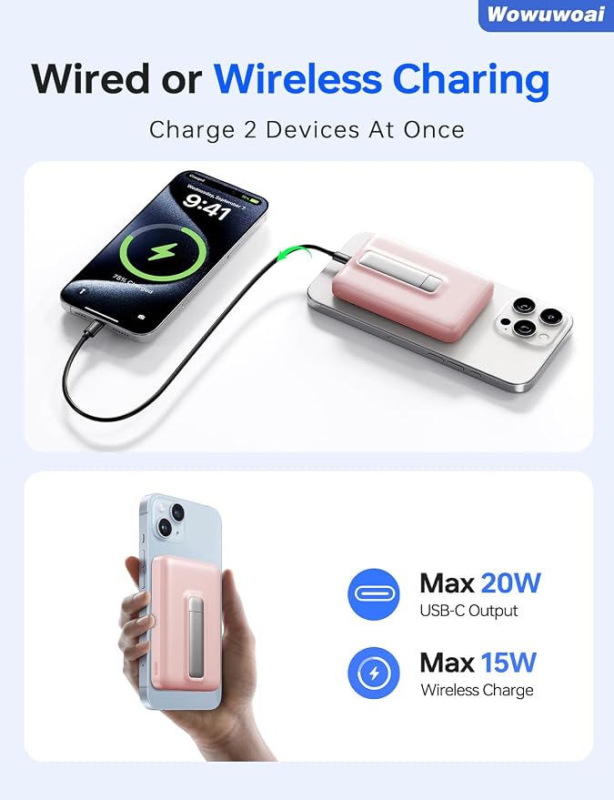 for Magsafe Portable Charger, 10000mAh Wireless Power Bank with Stand, USB C PD 20W Fast Charging Powerbank, Magnetic Battery Pack Compatible for iPhone 17/16/15/14/13/12 Series - Pink - Image 4