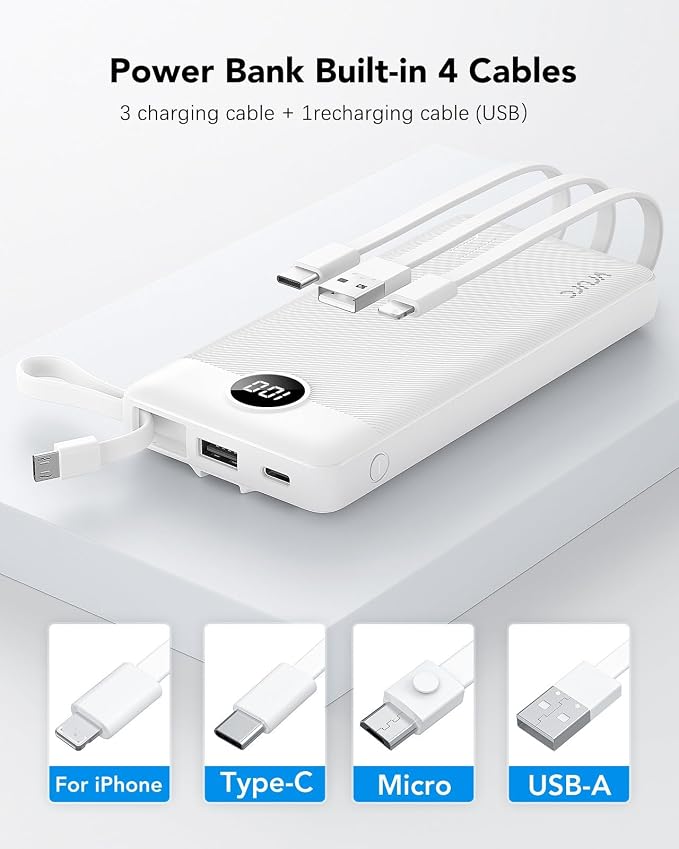 VRURC Portable Charger Power Bank, USB C Battery Pack 10000mAh,5 Outputs 2 Inputs Pocket Travel Charging Bank Built-in Cables for iPhone 17 Pro 17 16 15 14 13,Samsung,Android-White(1 Pack) - Image 2